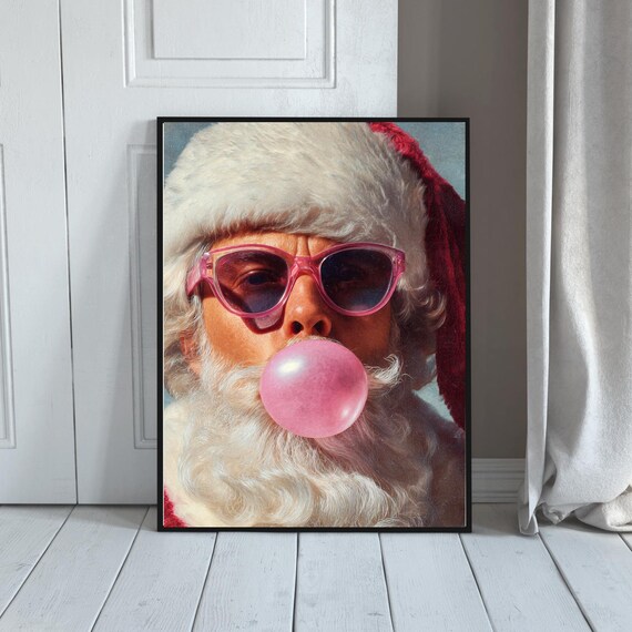 Cool Santa with Pink Sunglasses Blowing Bubblegum Pop Art Poster