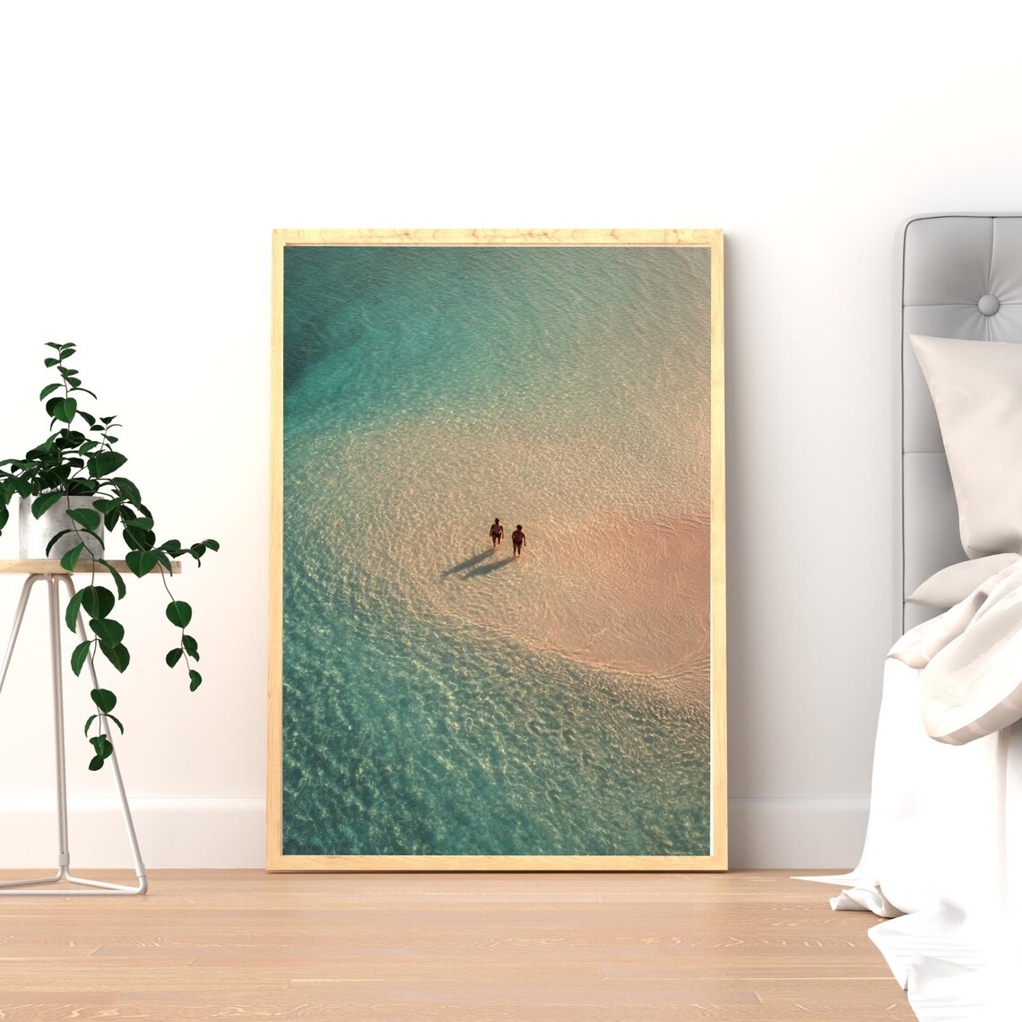Aerial Turquoise Ocean Beach Walkers Minimal Coastal Photography Poster