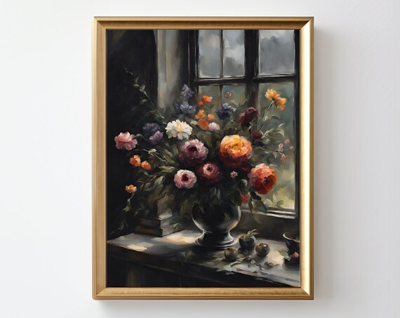 Moody Peony Bouquet Windowsill Vintage Dark Floral Still Life Poster