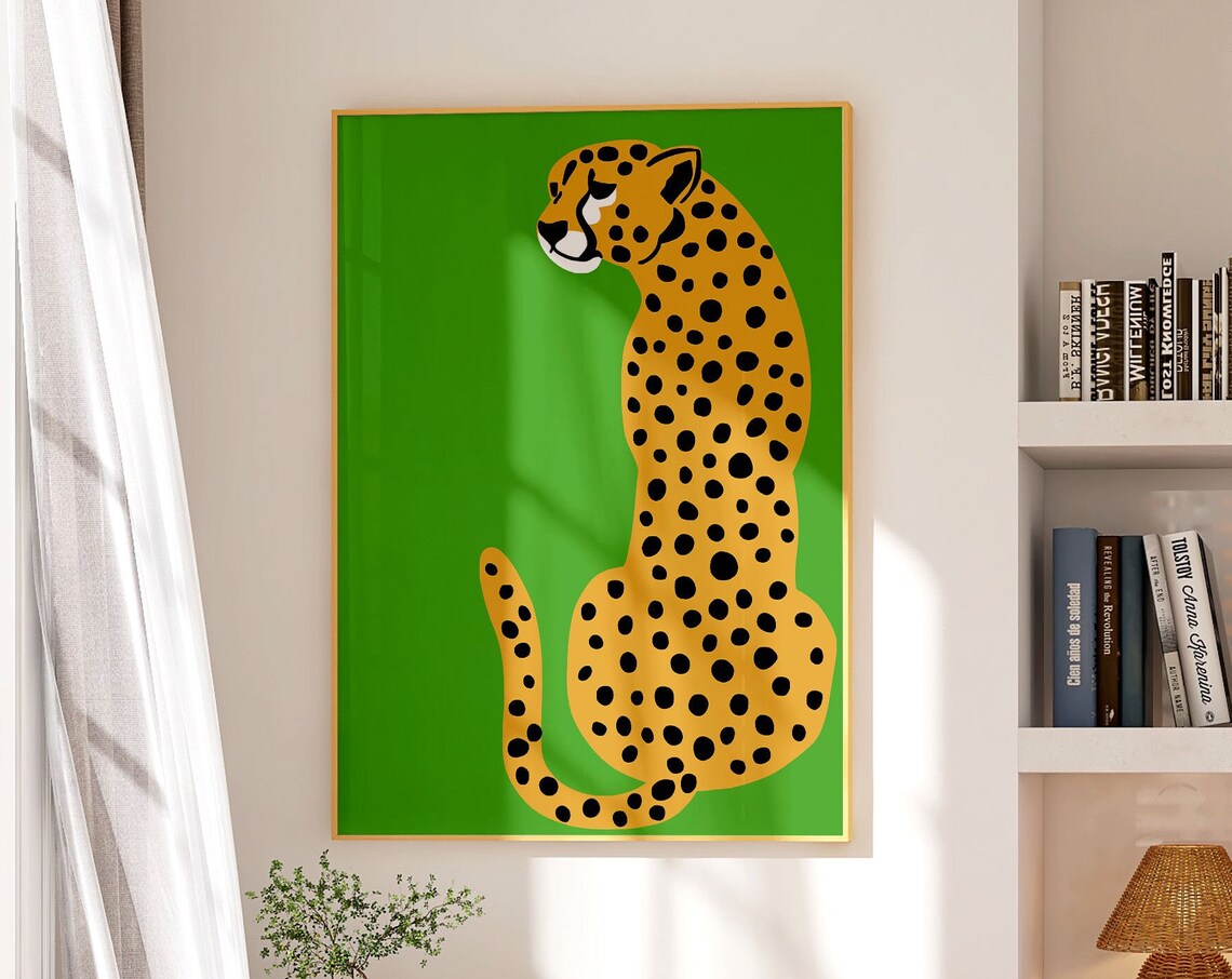 Lime Green Leopard Cheetah Sitting Bold Animal Illustration Wall Poster
