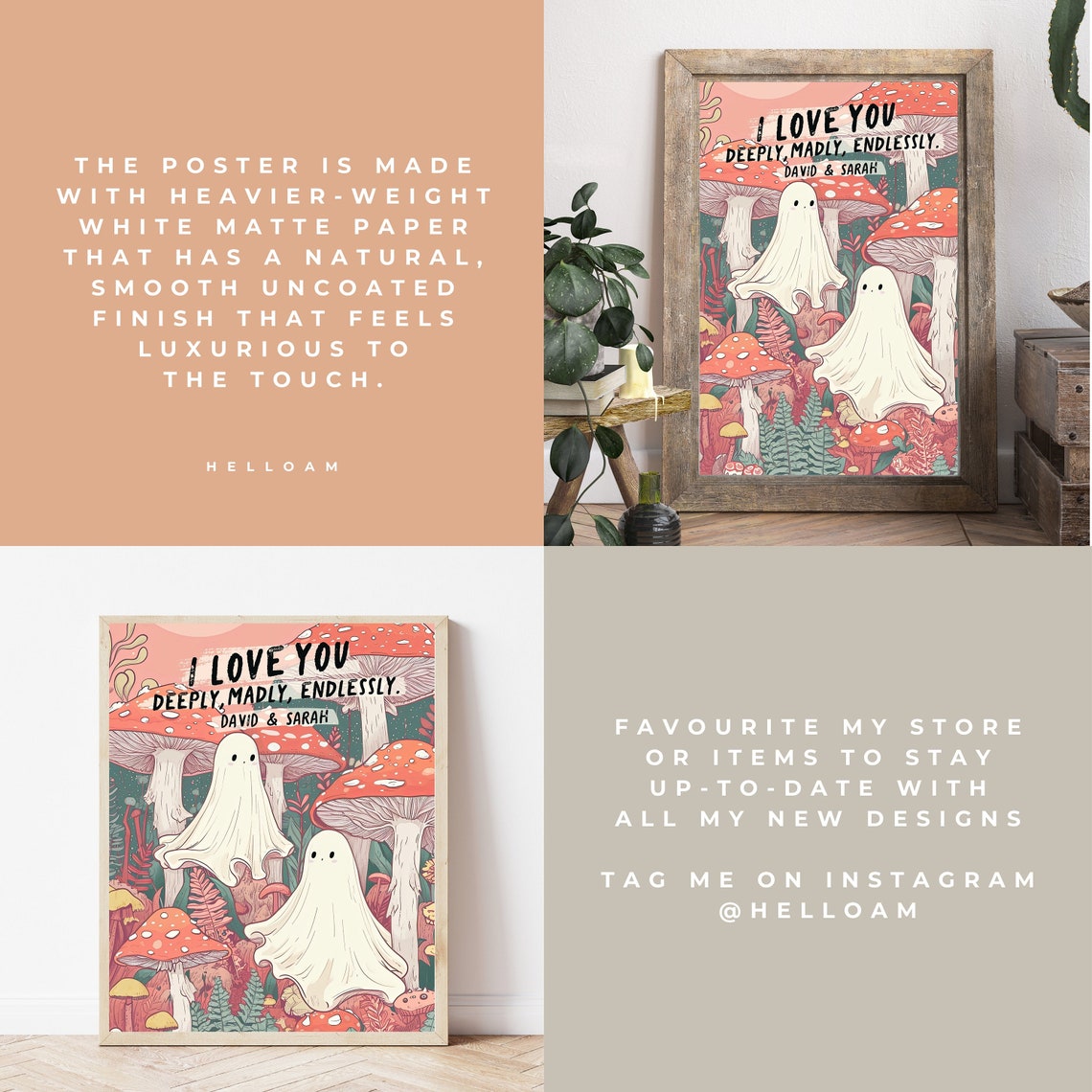 Personalized Cute Ghost Couple Mushroom Forest Love Quote Poster - Image 3