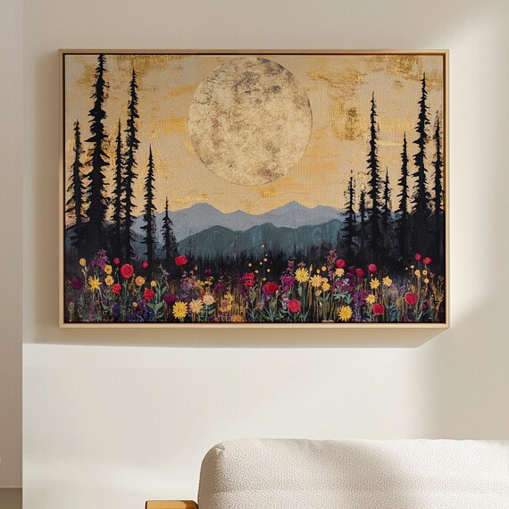 Golden Moon Over Mountain Wildflowers Art Print