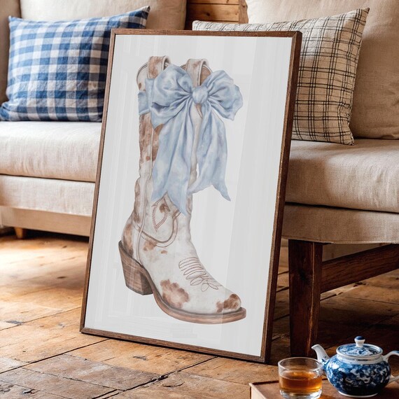 Cowgirl Boot Poster White Cowboy Boots with Blue Bow Western Art