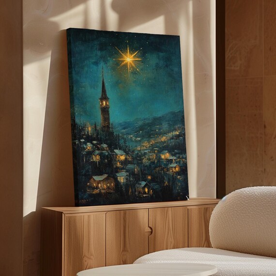 Christmas Star Over Village Church Steeple Night Winter Scene Poster