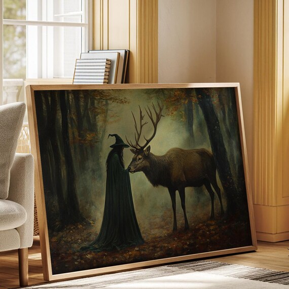 Mystical Witch And Stag In Enchanted Forest Fantasy Woodland Wall Art Nature Decor For Wiccan And Magical Spaces