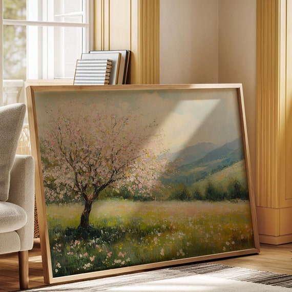 Beautiful Blooming Tree Landscape Wall Art Wall Art Featuring Vibrant Fields And Scenic Mountain Views For Hangable Decor