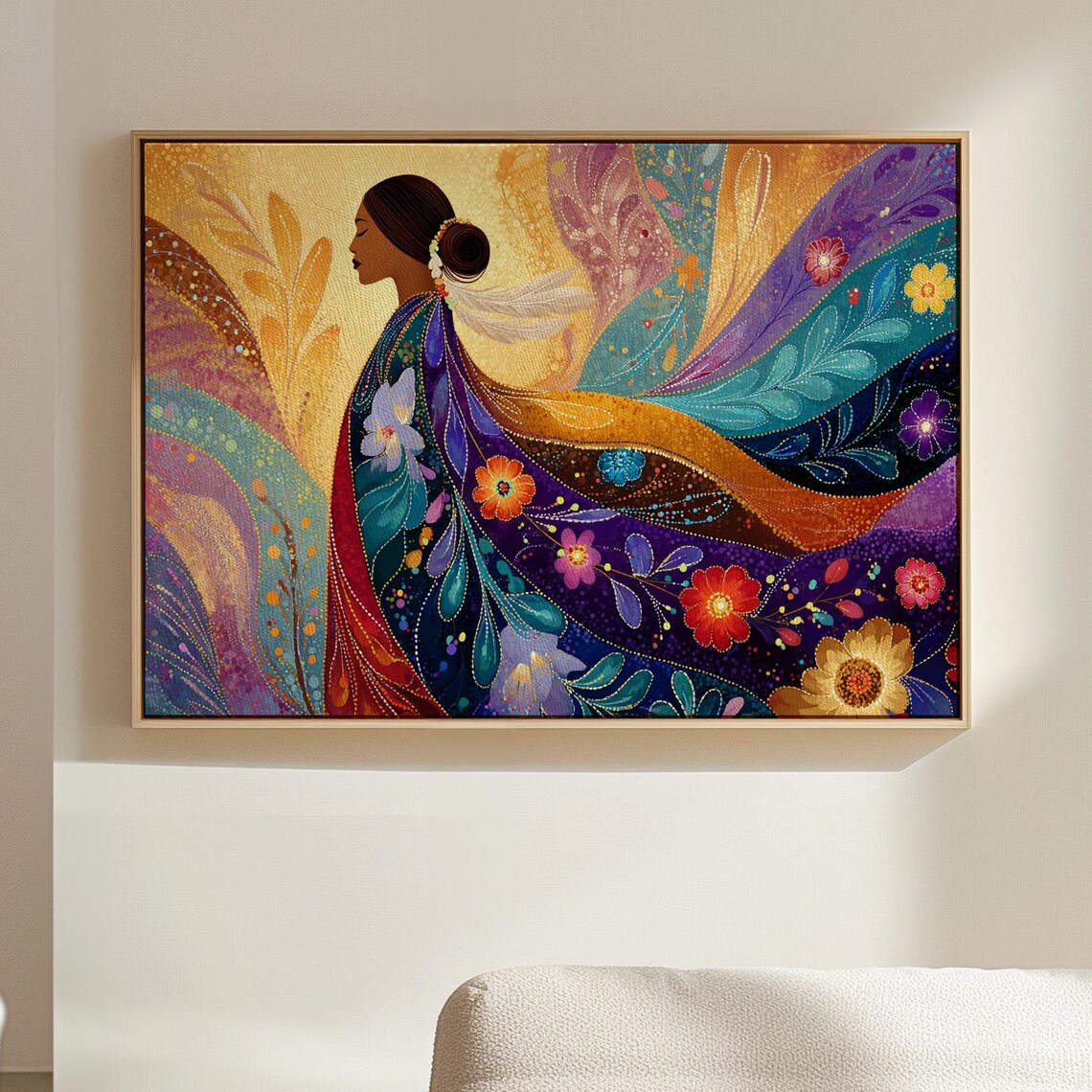 Indigenous Woman Profile Colorful Floral Shawl Boho Art Poster