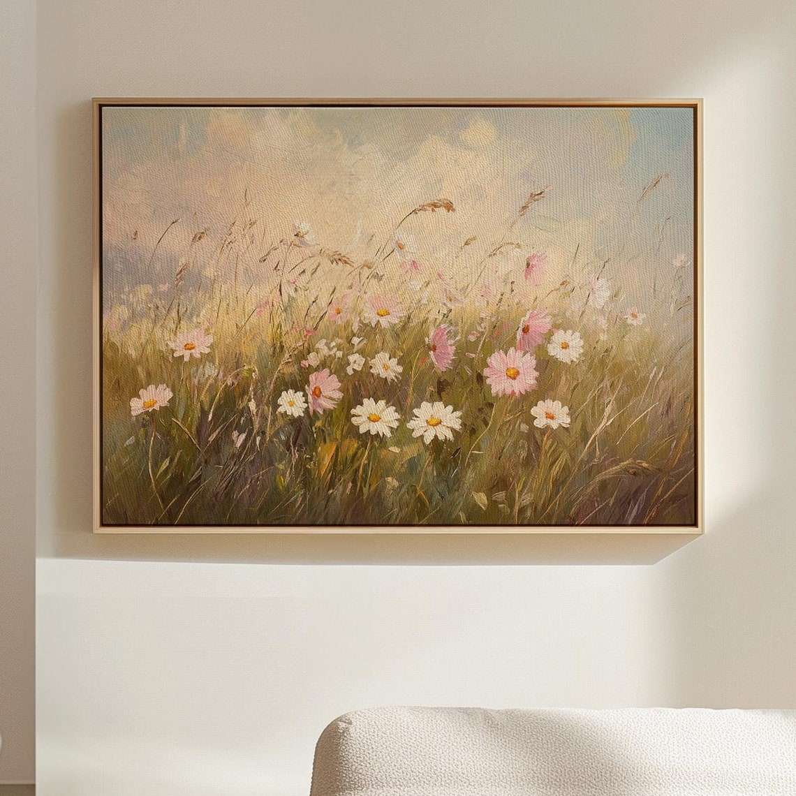 Pink Cosmos And White Daisies In Golden Meadow Light Wall Art