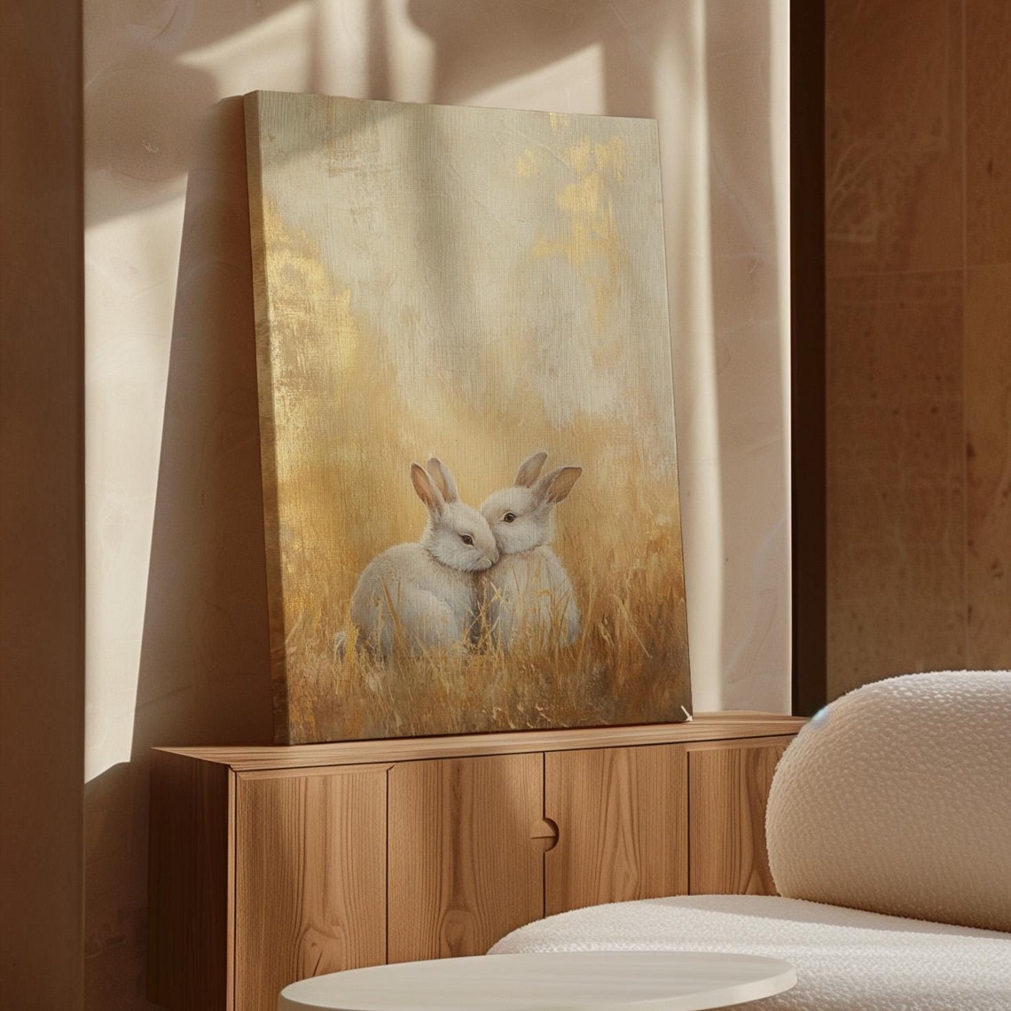 Two White Rabbits Nuzzling Together in Golden Wheat Field Glow Poster