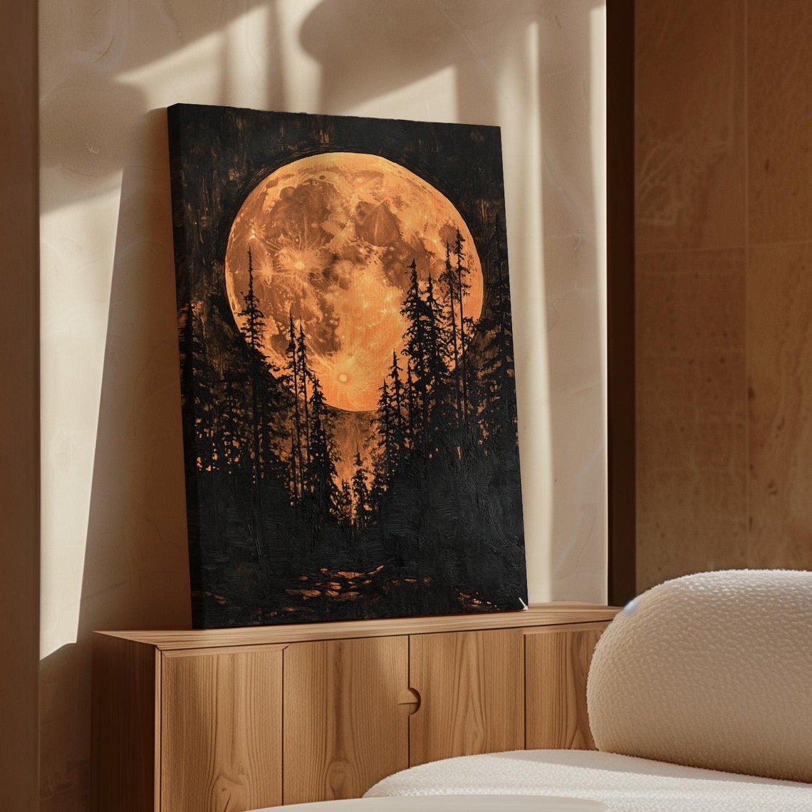 Orange Full Moon Over Forest Mystical Night Trees Enchanting Poster