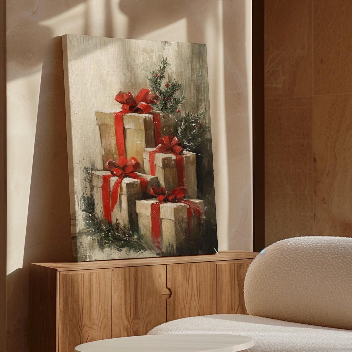 Stacked Christmas Gift Boxes With Red Ribbons Pine Holiday Poster