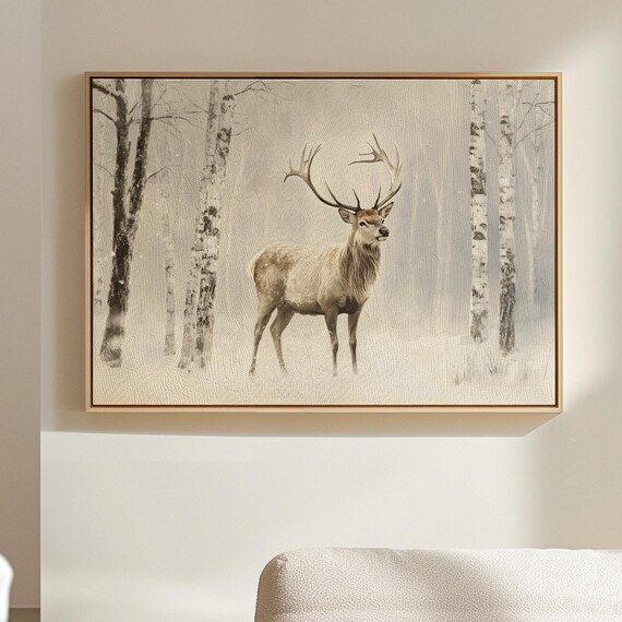 Majestic Stag Facing Forward In Snowy Birch Forest Warm Winter Poster