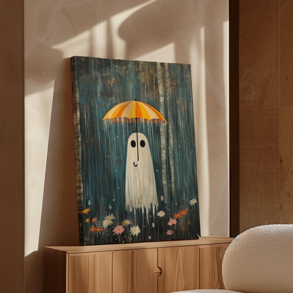 Whimsical Ghost With Umbrella Rainy Forest Wildflowers Poster