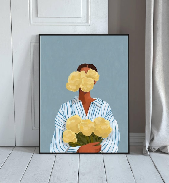Woman Holding Yellow Roses Face Covered Modern Floral Portrait Art Poster