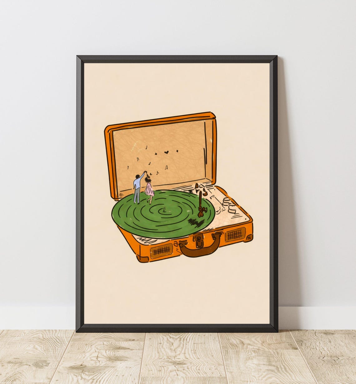Vintage Record Player Whimsical Dancing Couple Vinyl Music Print