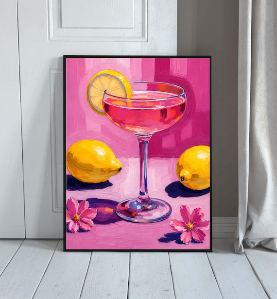 Pink Lemon Citrus Cocktail Glass Modern Colorful Bar Cart Wall Art