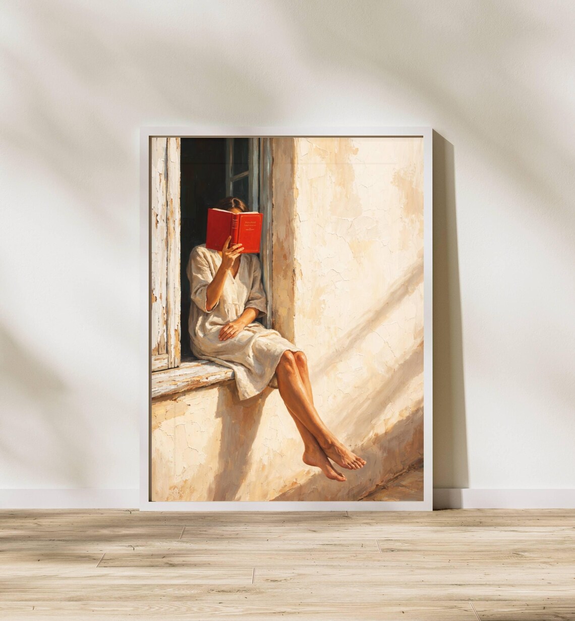 Woman Reading Red Book Sunny Window Mediterranean Warm Oil Painting Poster