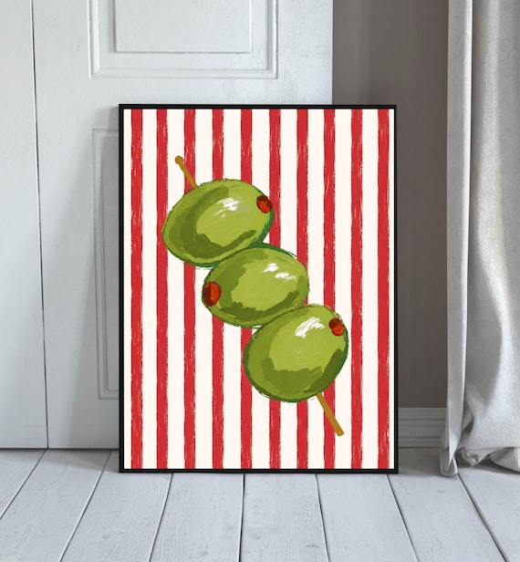 Green Olive Wall Art Mediterranean Kitchen Decor Retro Food Print Striped Poster Whimsical Dining Room