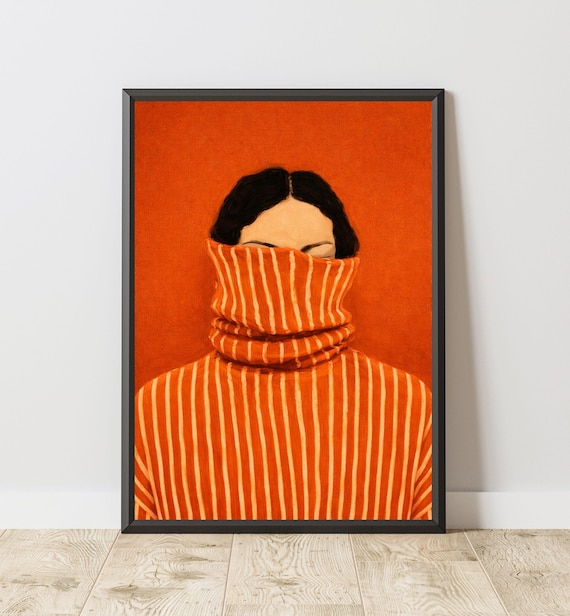 Minimalist Woman Orange Turtleneck Abstract Portrait Wall Art