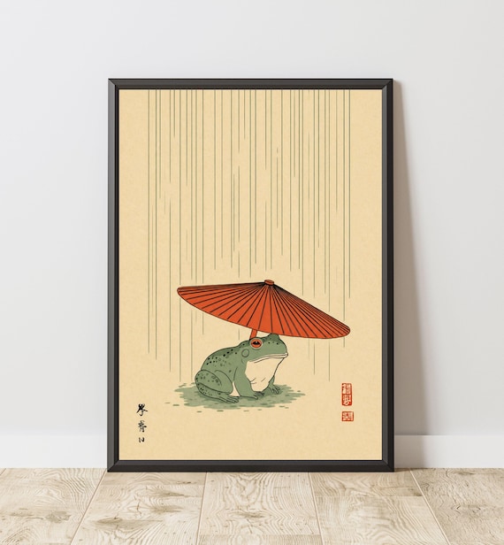 Japanese Frog Under Rain Wall Art Print With Umbrella Poster Japandi Printable Decor Zen