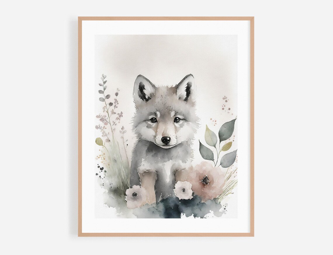 Baby Wolf Pup Watercolor Portrait With Blush Flowers And Leaves Poster