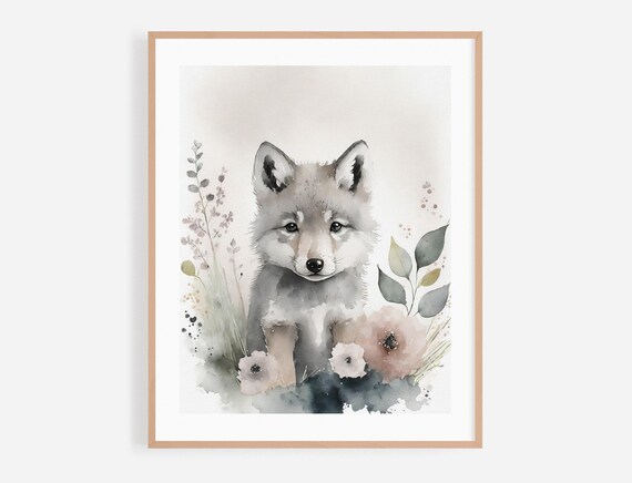 Baby Wolf Pup Watercolor Portrait With Blush Flowers And Leaves Poster