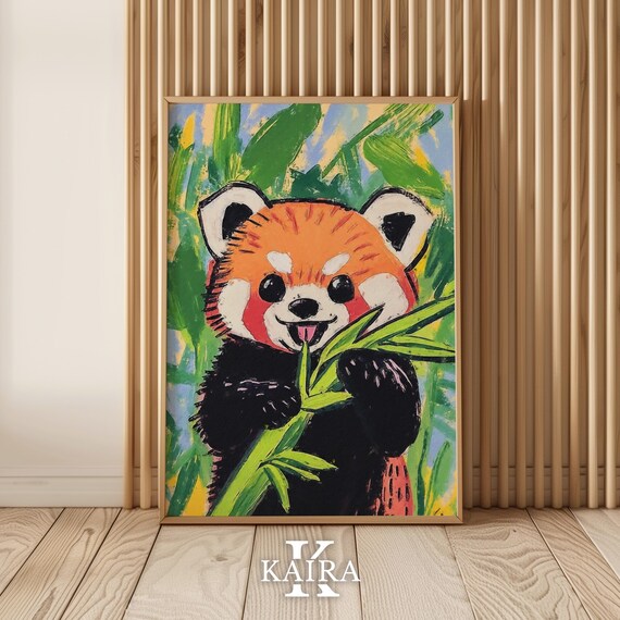 Happy Red Panda Munching Fresh Green Bamboo Leaves in the Forest Poster