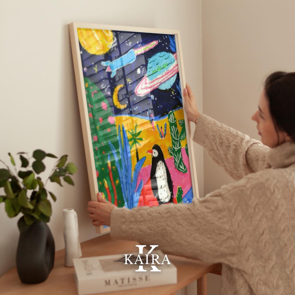 Curious Penguin Gazing at Rockets and Planets on an Alien World Poster - Image 3