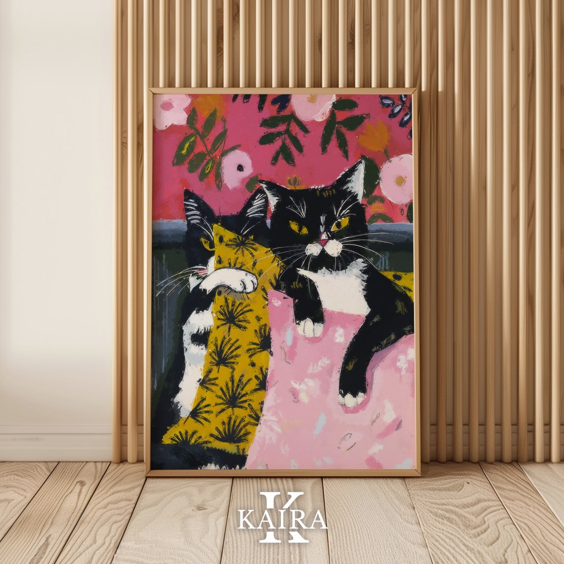 Two Tuxedo Cats In Playful Pillow Fight Fun Whimsical Cat Art Poster - Image 3