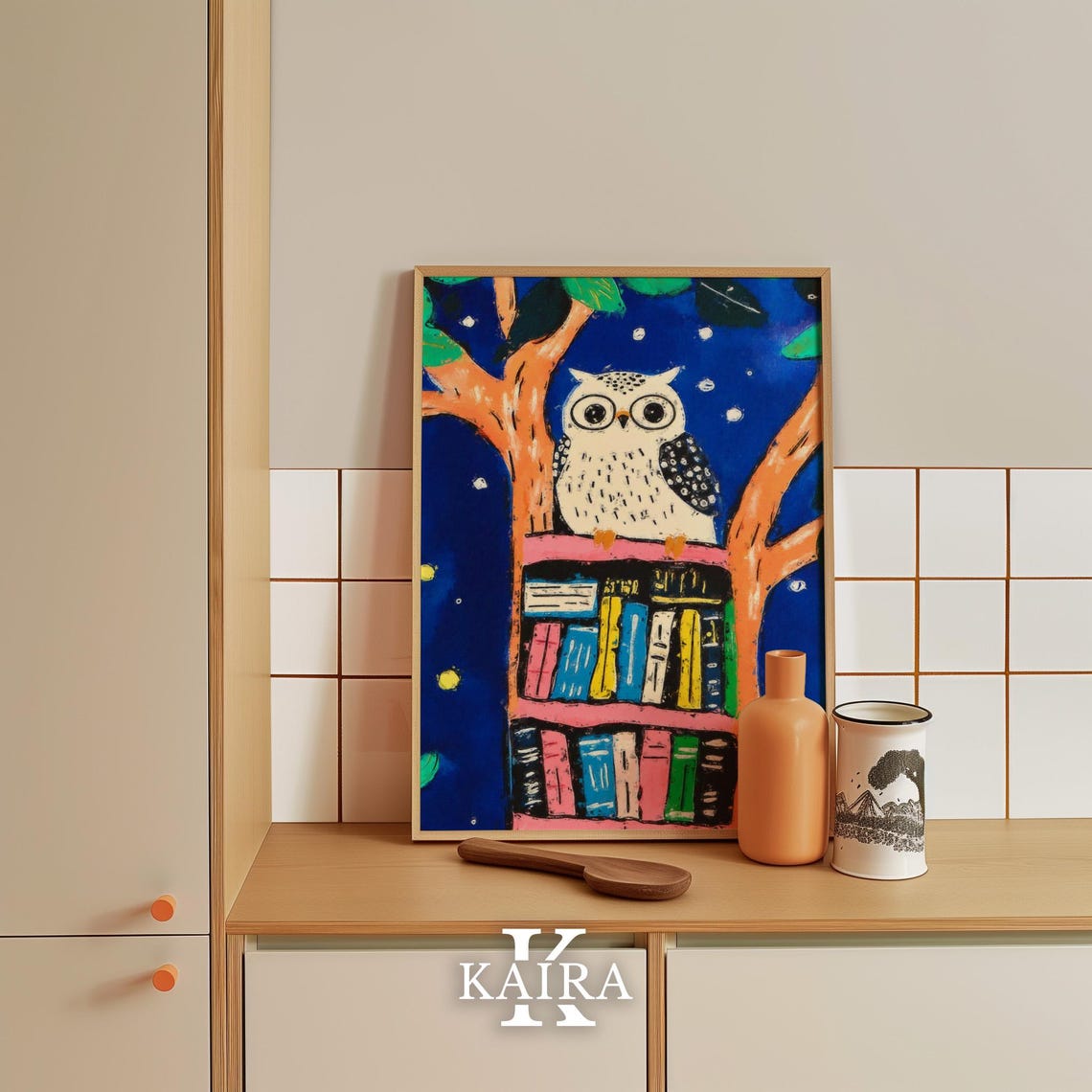 Wide-Eyed White Owl Perched on a Colorful Bookshelf at Night Poster