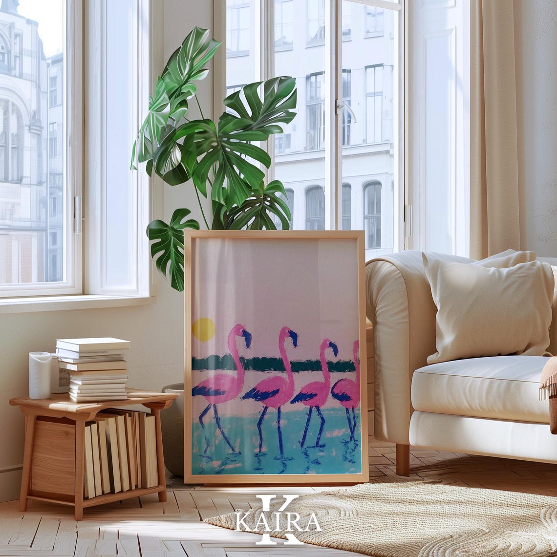 Pink Flamingos Wading in Turquoise Water Under a Sunset Sky Poster - Image 4