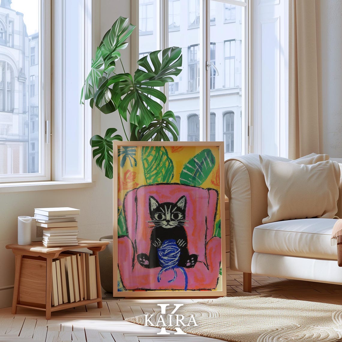 Black Kitten Playing With a Yarn Ball on a Pink Chair Poster