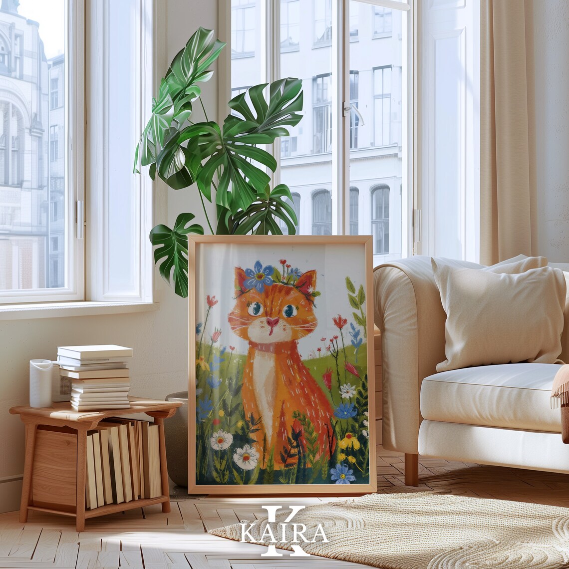 Whimsical Orange Tabby Cat With Flower Crown in Wildflower Field Poster - Image 5