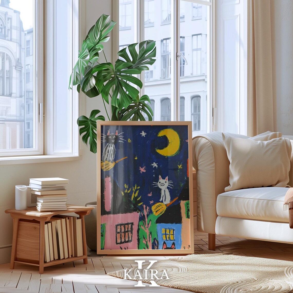 Two Playful Witch Cats Flying Over Houses on a Starry Night Poster - Image 4