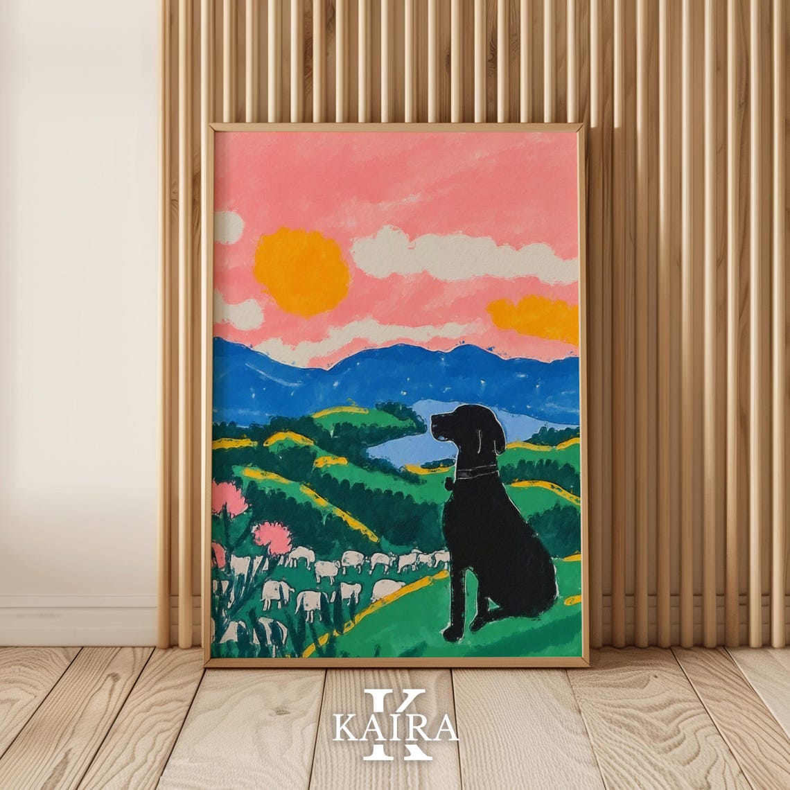 Black Dog Silhouette Watching A Pink Sunset Over Green Hills Poster