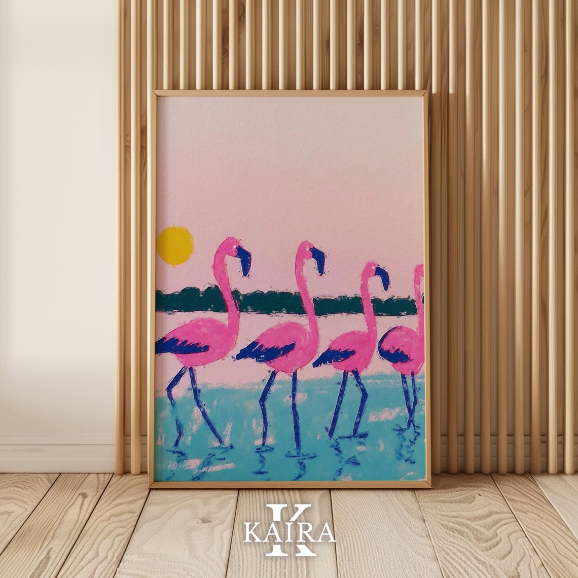 Pink Flamingos Wading in Turquoise Water Under a Sunset Sky Poster