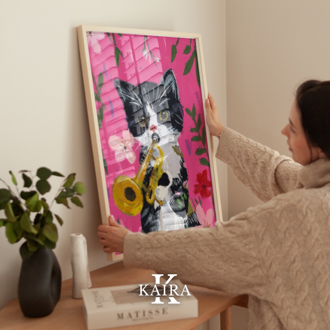 Playful Tuxedo Kitten Playing Golden Trumpet On Pink Floral Poster - Image 5