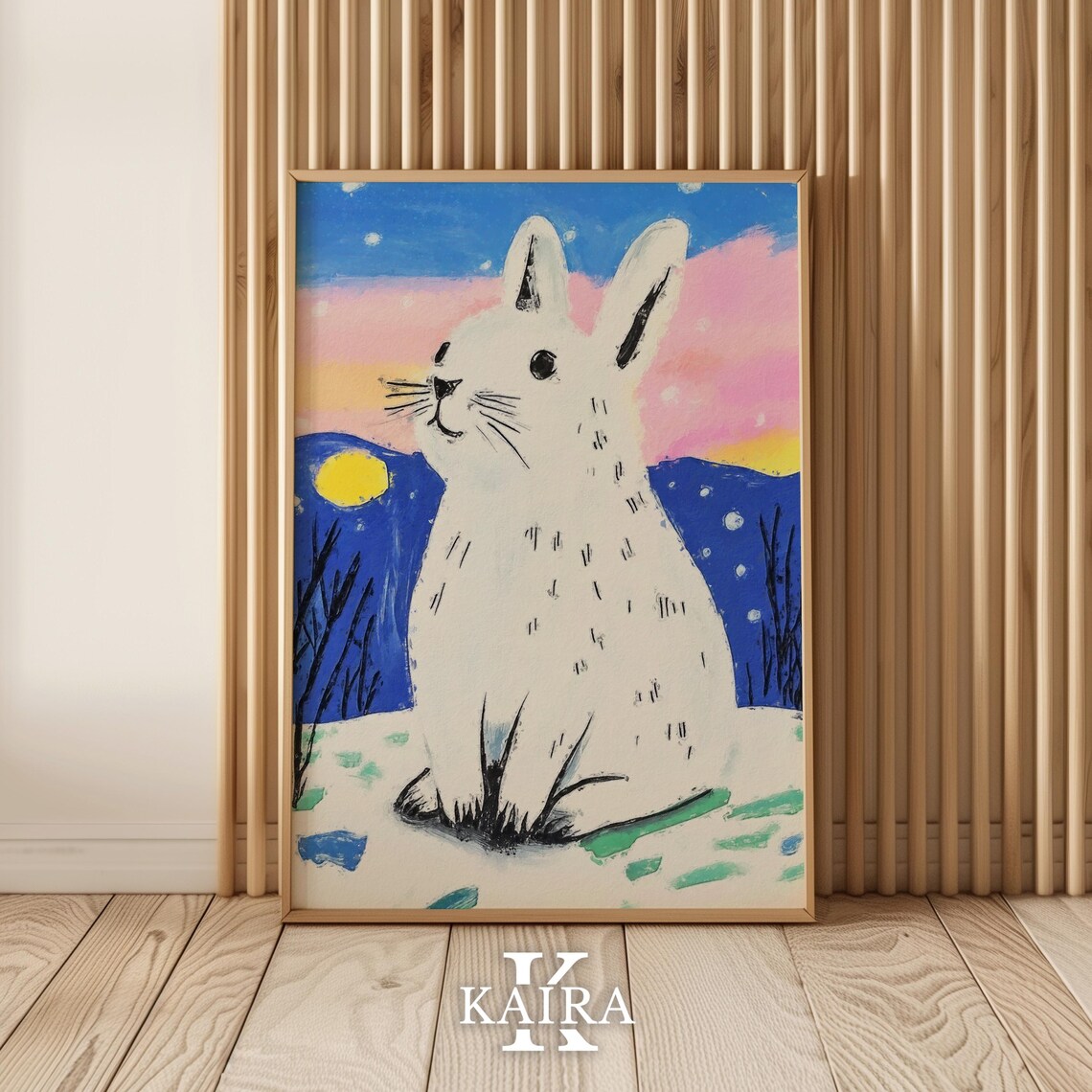 White Snow Rabbit Gazing Up At The Moon In A Winter Night Sky Poster - Image 5
