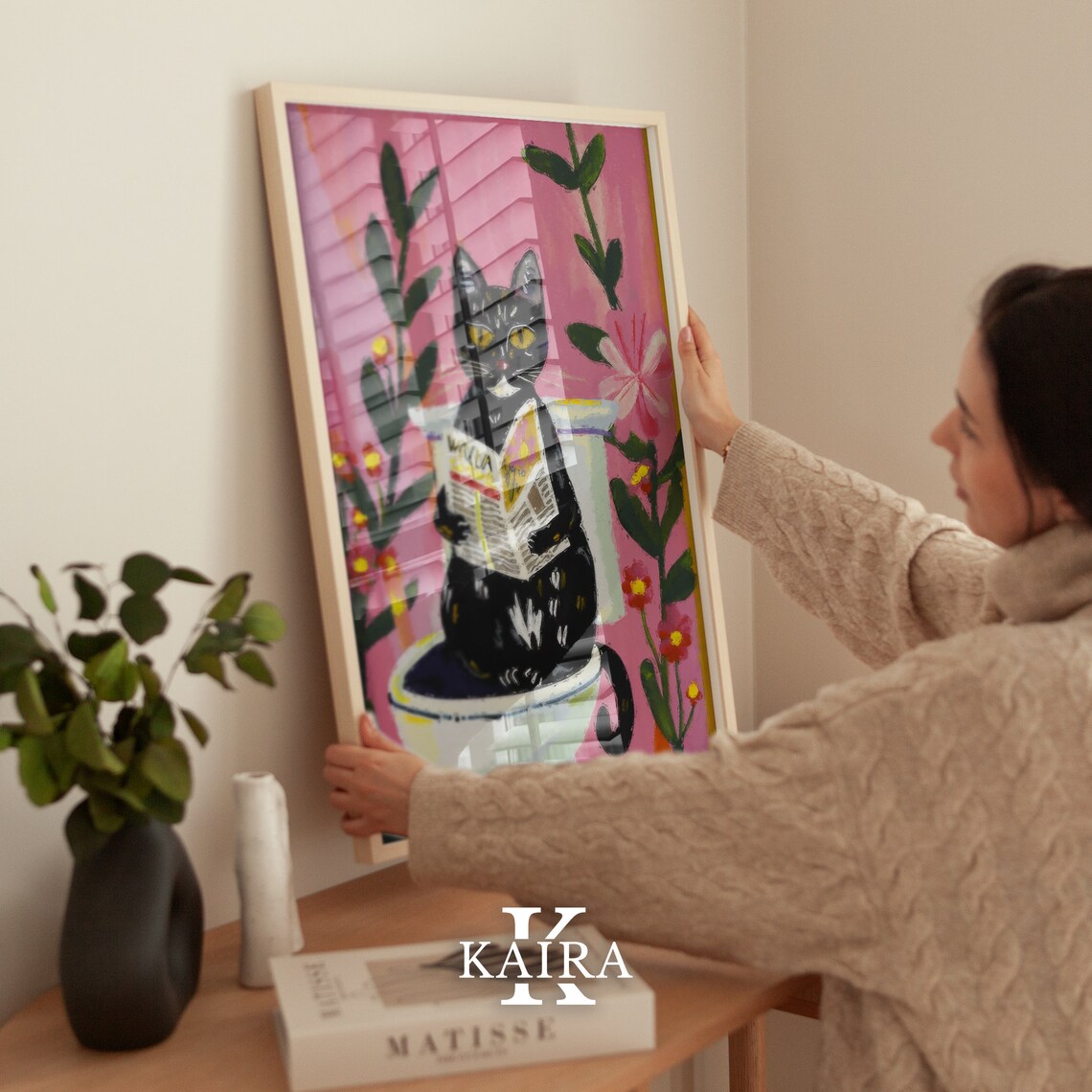Black Cat Reading Newspaper On The Toilet Funny Bathroom Art Poster - Image 3