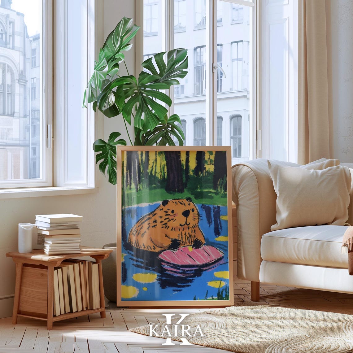 Orange Beaver Floating On A Pink Lily Pad In Blue Water Poster - Image 4