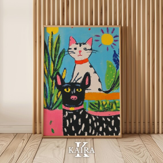 Spotted Black Dog and White Cat Under the Sun in a Garden Poster