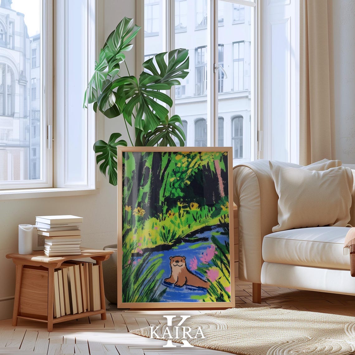 Smiling Otter Floating Peacefully Down a Blue Forest River Poster - Image 4