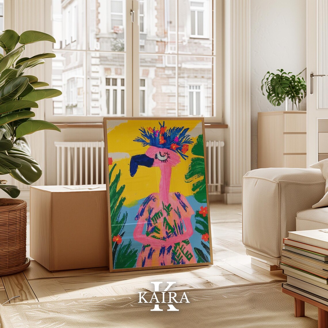 Pink Flamingo Wearing a Tropical Flower Crown on Yellow Poster - Image 2