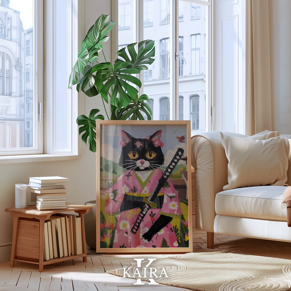 Black Cat Samurai In Pink Floral Kimono Japanese Warrior Art Poster - Image 5