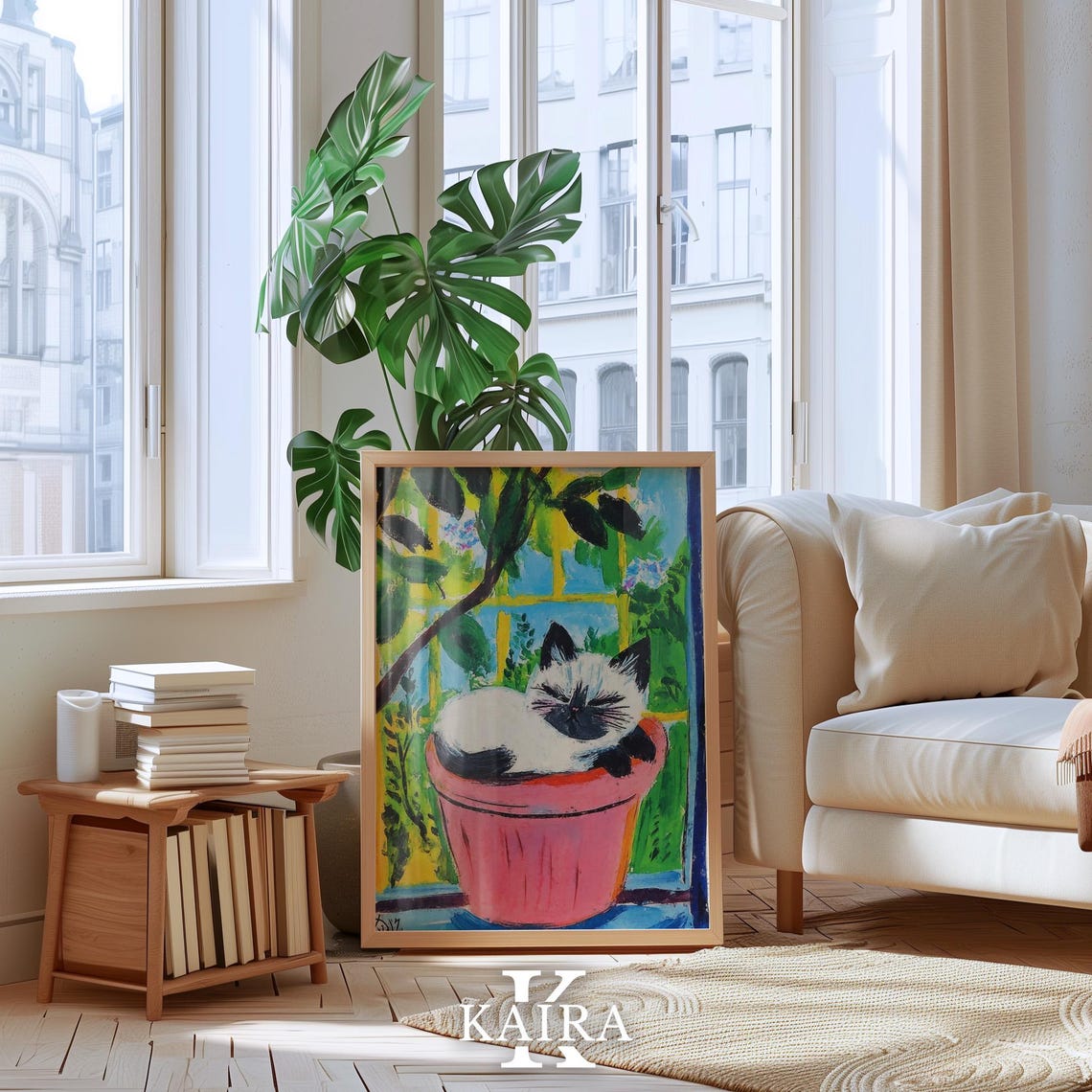 Sleeping Siamese Cat Curled Inside a Pink Flowerpot at Home Poster - Image 4