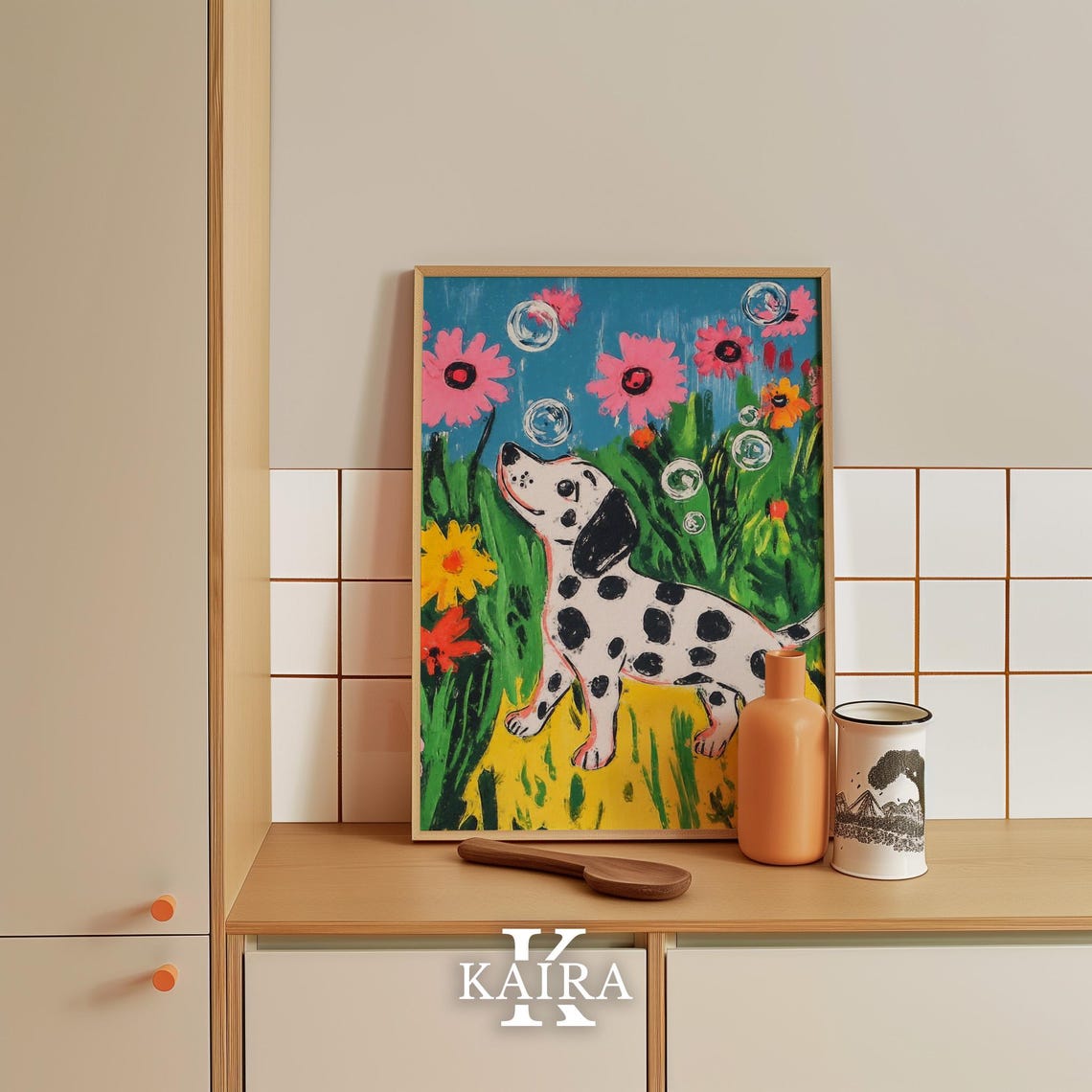Dalmatian Puppy Watching Floating Bubbles Among Pink Flowers Poster - Image 5