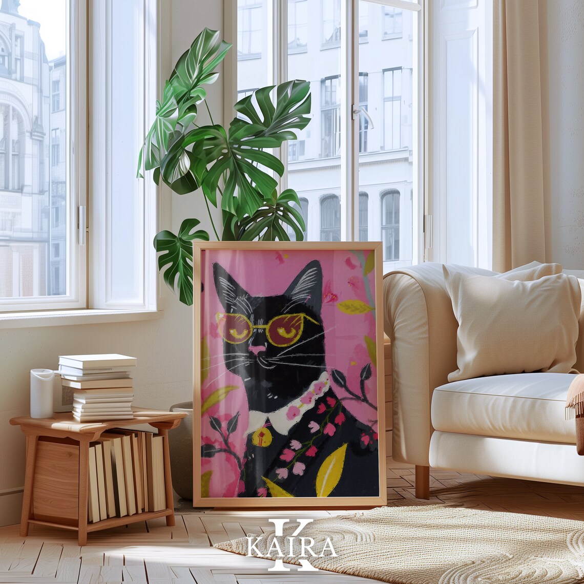 Cool Black Cat Wearing Yellow Sunglasses And Flower Lei Art Poster - Image 4
