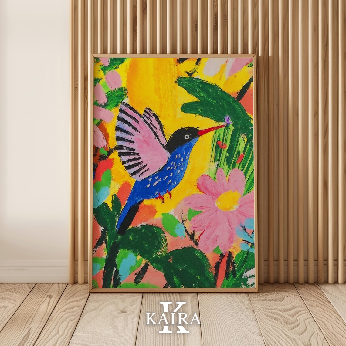 Vibrant Blue Hummingbird With Pink Wings Among Tropical Flowers Poster - Image 5