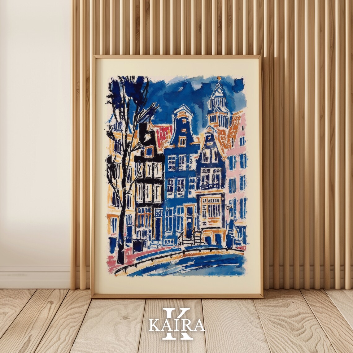 Amsterdam Canal Houses in Loose Blue and Gold Watercolor Poster - Image 4