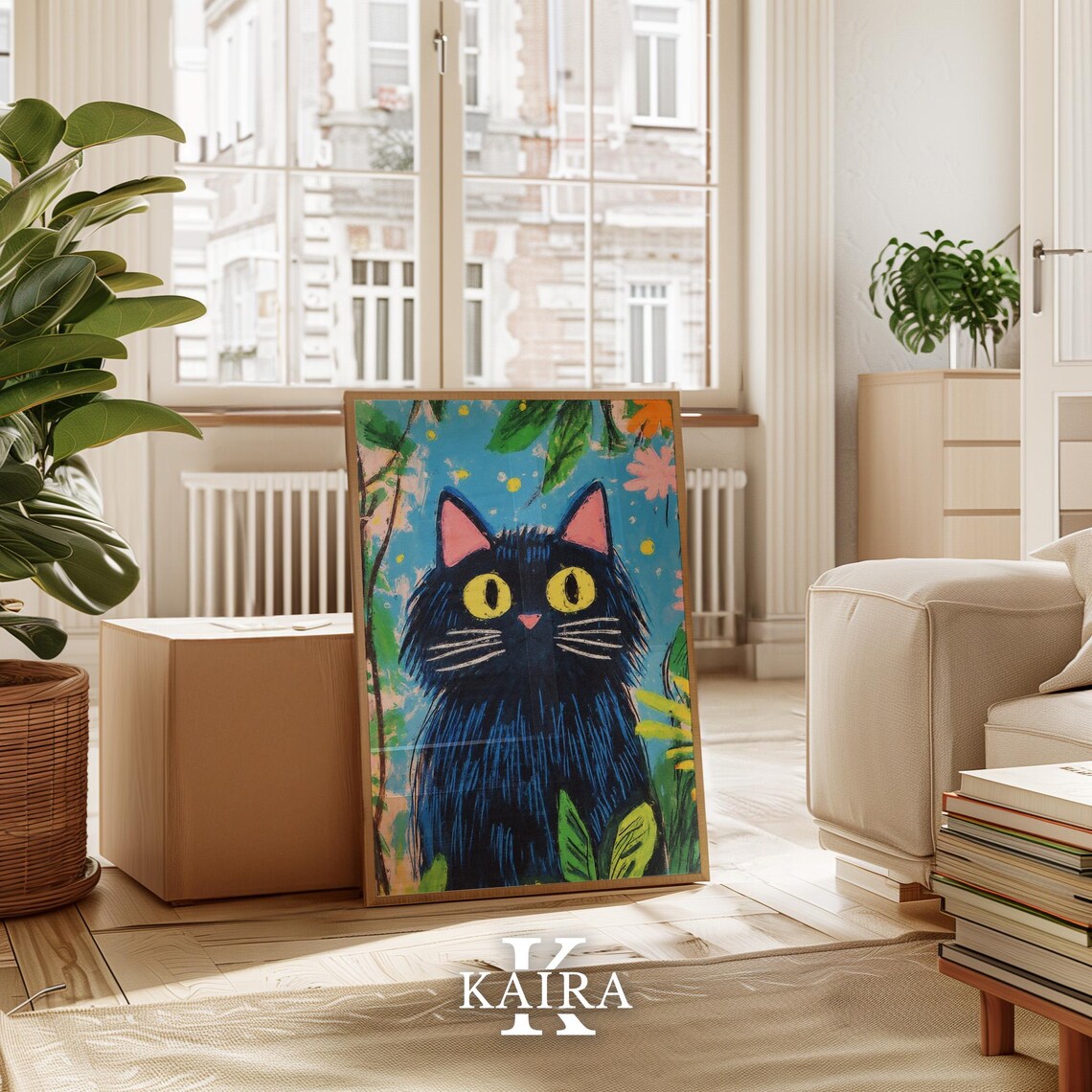Fluffy Black Cat with Golden Yellow Eyes in a Blooming Garden Poster - Image 3